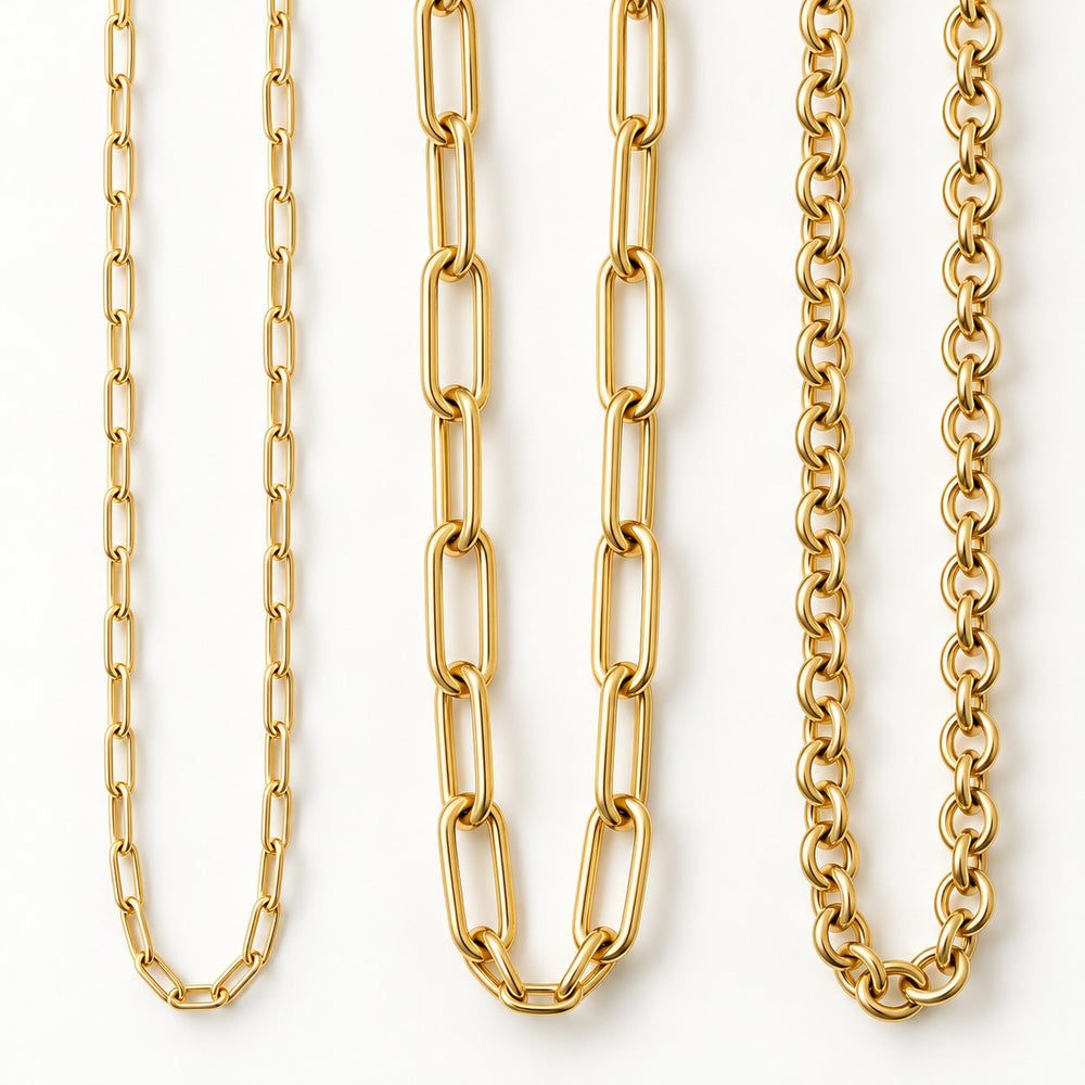The three Cute Chef Necklace chain styles: Small Paperclip, Large Paperclip, and Rounded Link