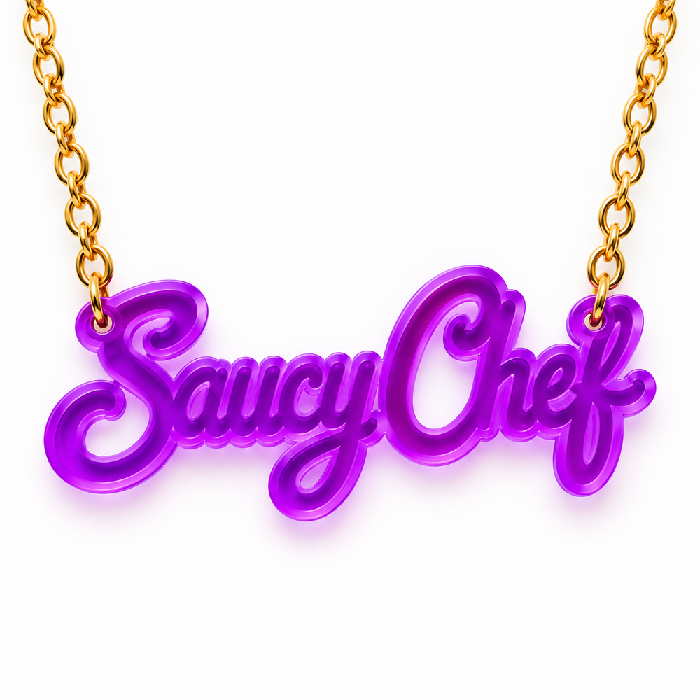 Saucy Chef acrylic necklace in purple on a gold chain
