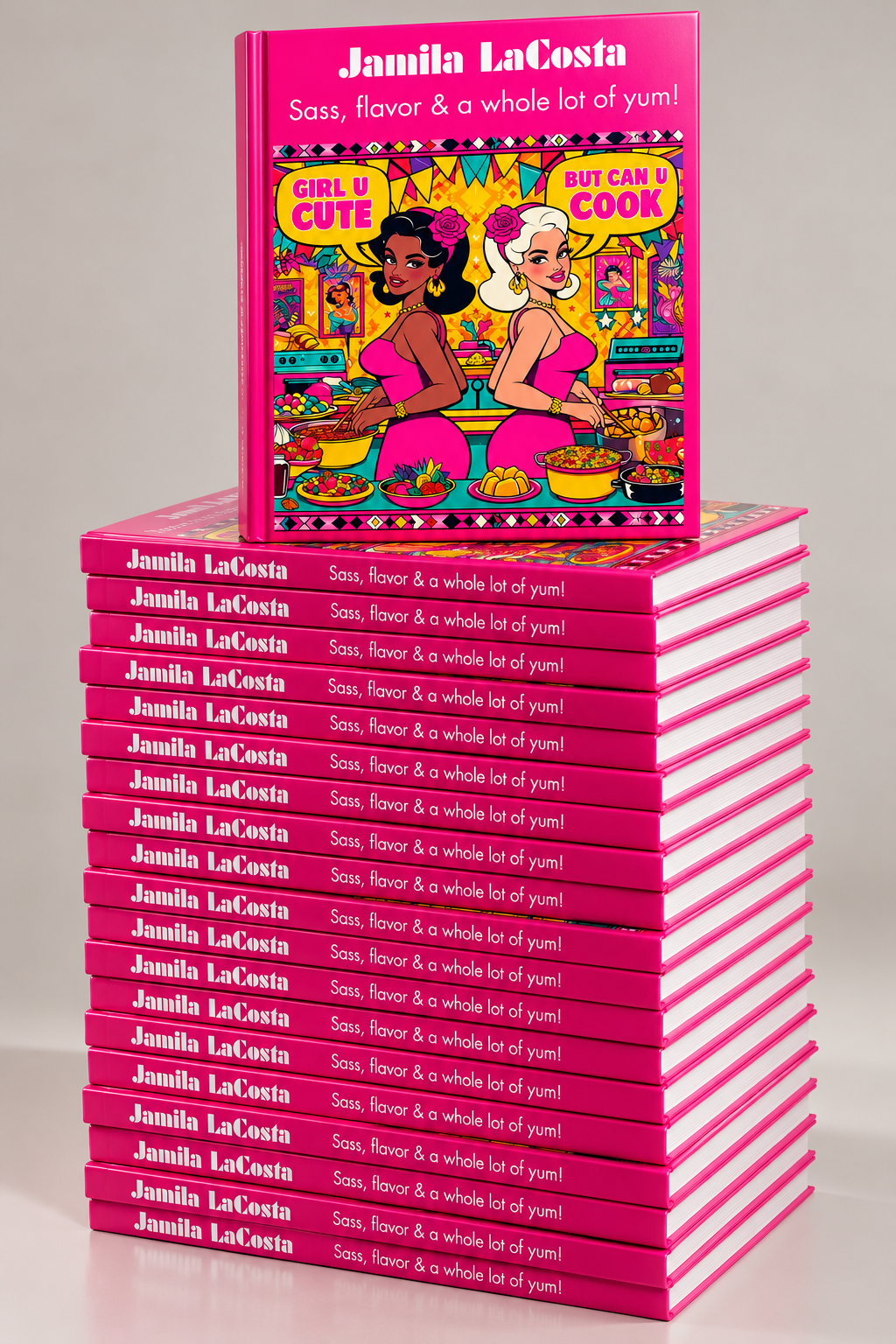 Stack of Girl U Cute But Can U Cook hardcover cookbooks with one book standing on top