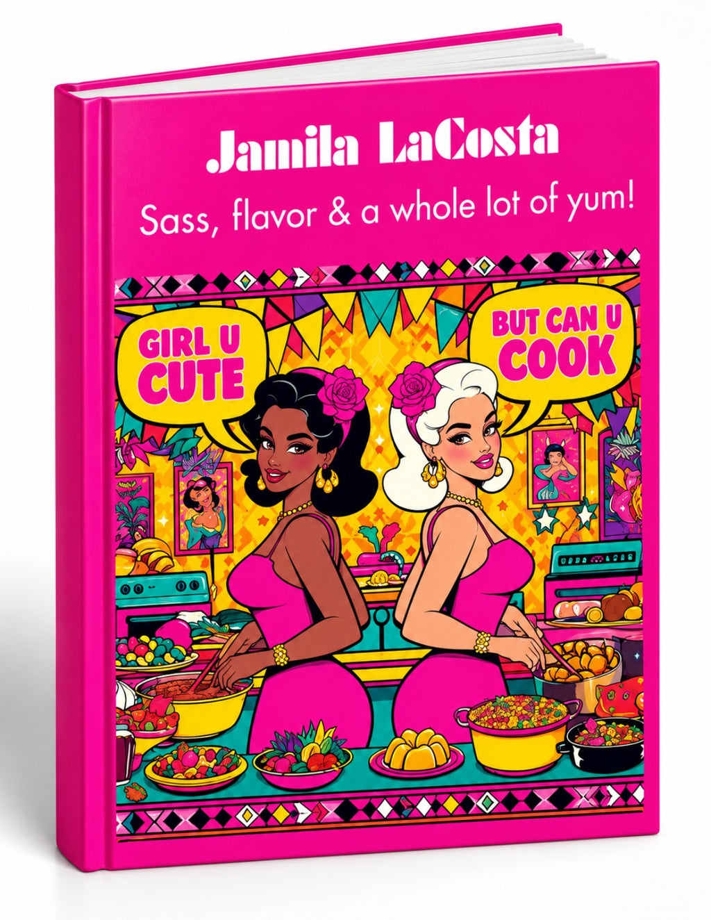 Girl U Cute But Can U Cook hardcover cookbook, real cover mockup supplied by the founder
