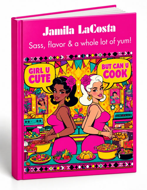 Girl U Cute But Can U Cook hardcover cookbook, real cover mockup supplied by the founder