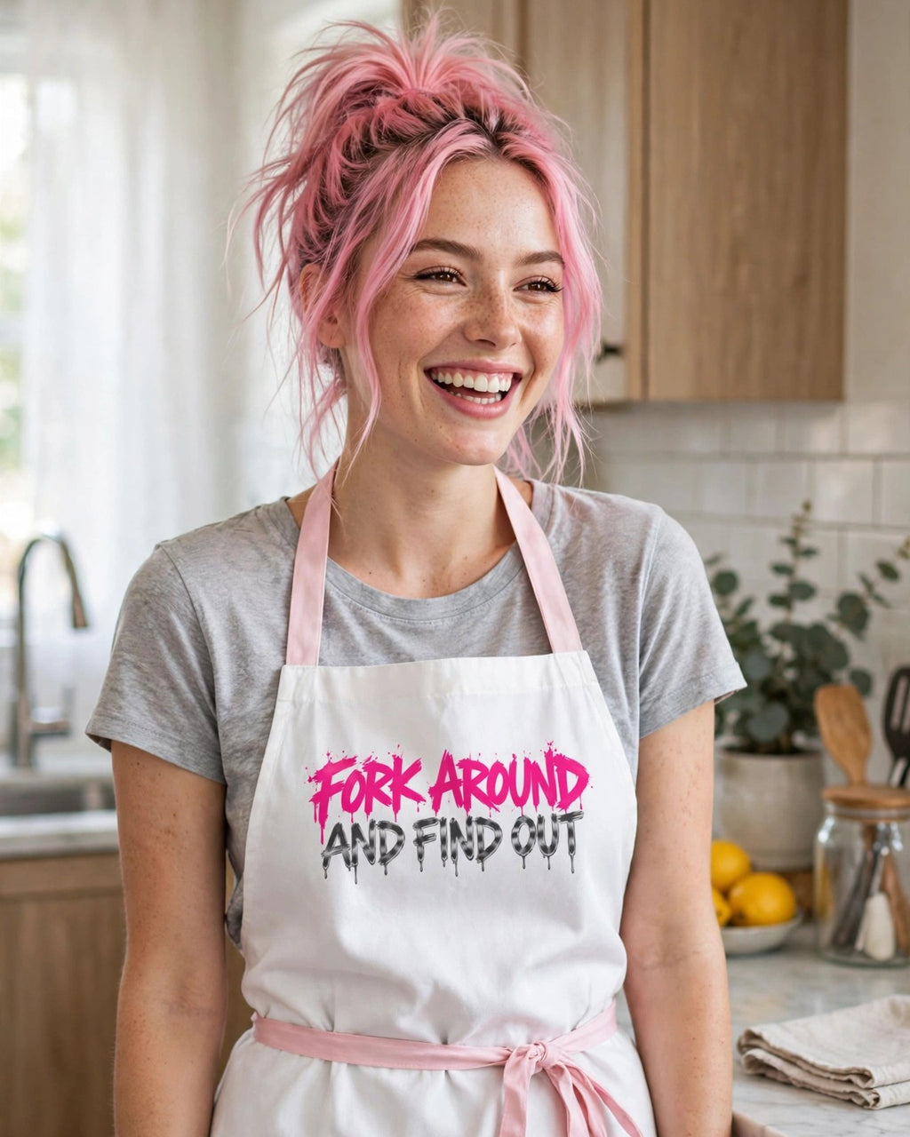 Woman with pink hair in a messy updo ponytail wearing the Fork Around And Find Out white apron with pink straps in her kitchen