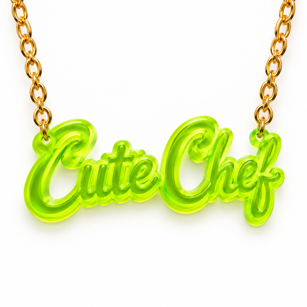 Cute Chef acrylic necklace in neon green on a gold chain