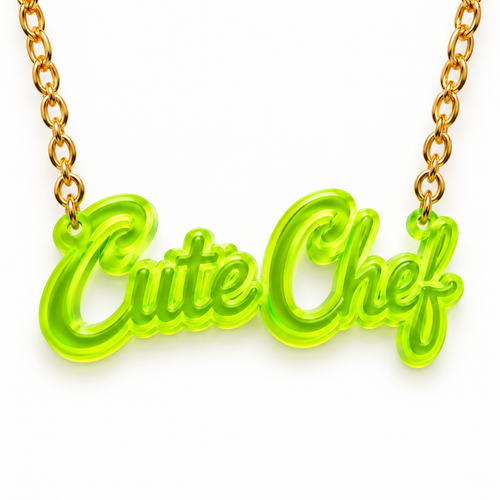 Cute Chef acrylic necklace in neon green on a gold chain