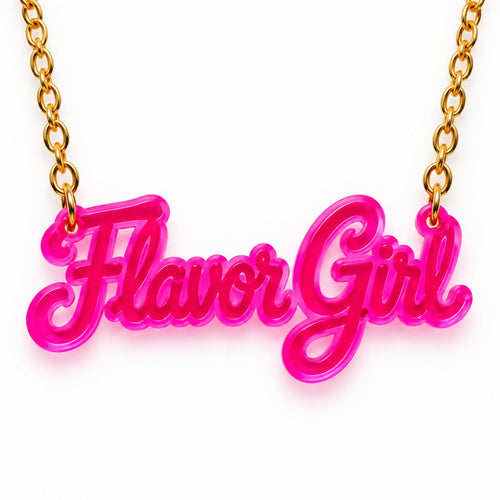 Flavor Girl acrylic necklace in hot pink on a gold chain