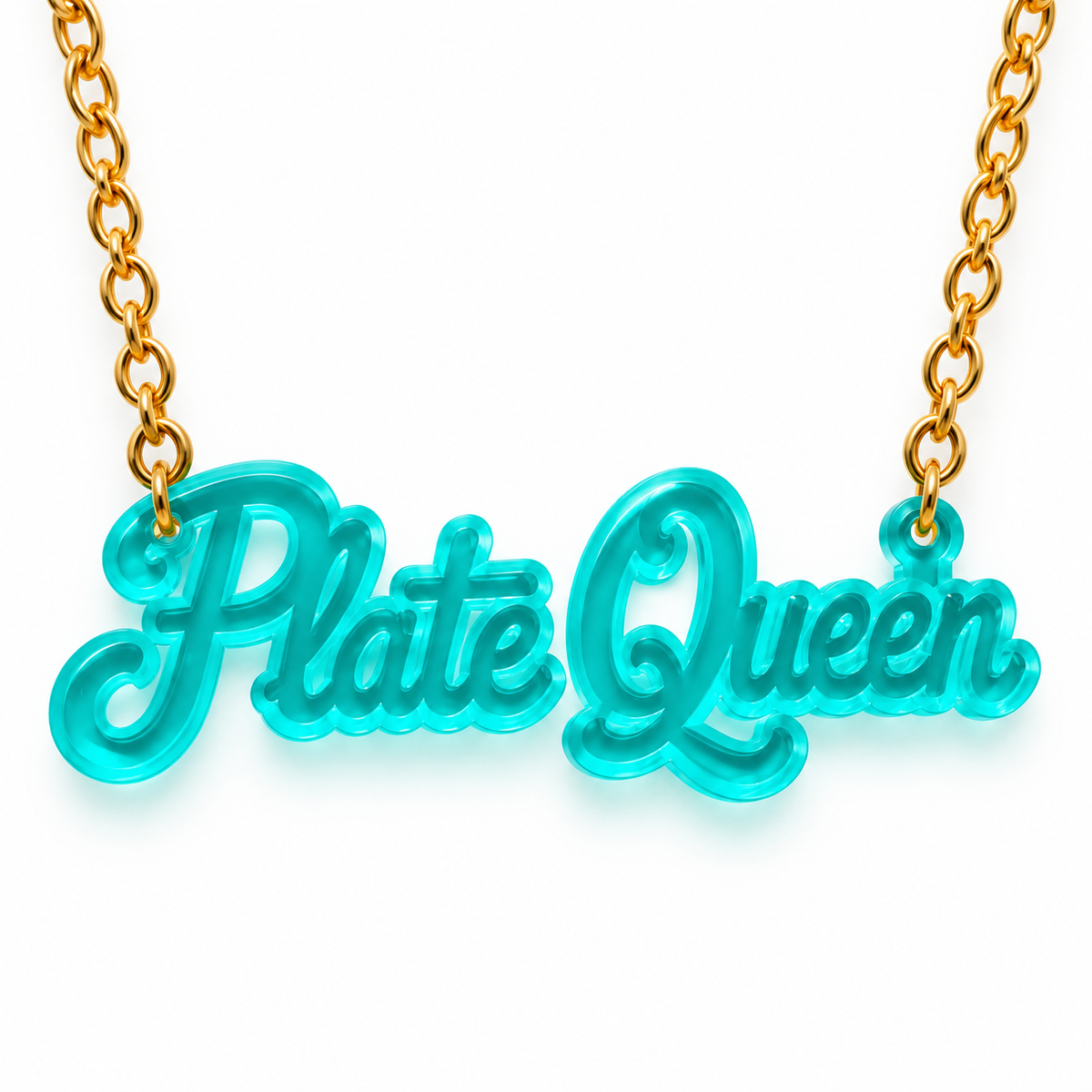 Plate Queen acrylic necklace in aqua on a gold chain