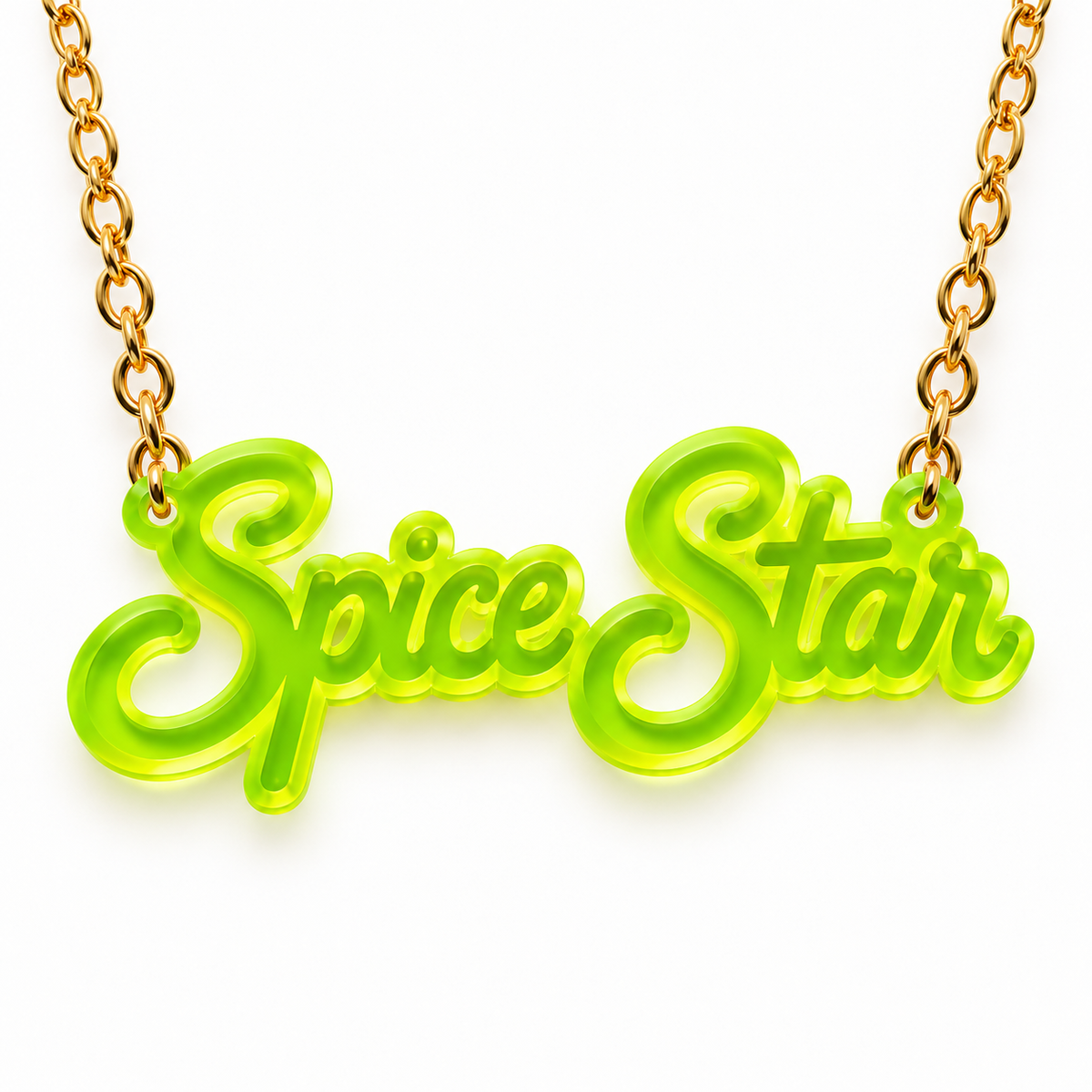 Spice Star acrylic necklace in yellow-green on a gold chain